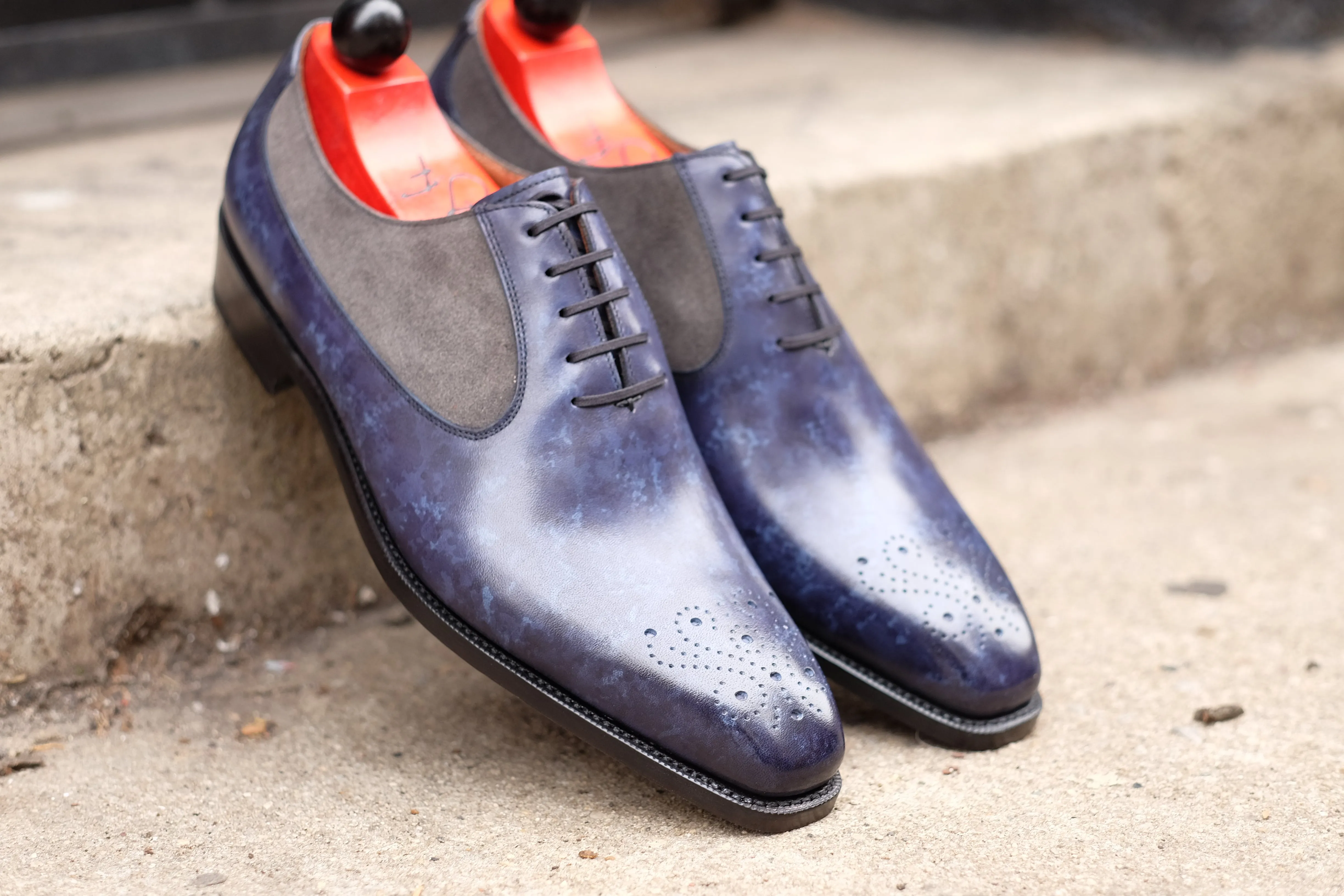 Tacoma - MTO - Navy Marble Patina/Mid Grey Suede - LPB Last - Single Leather Sole