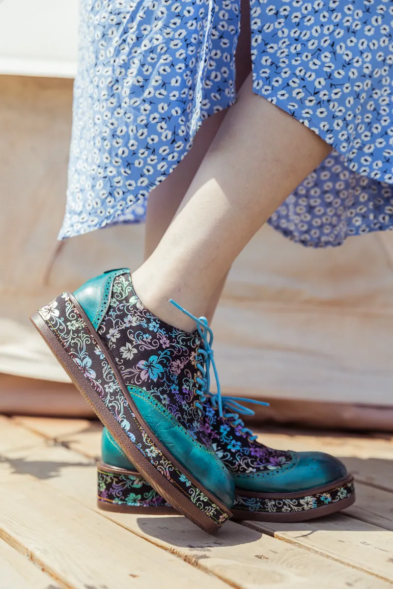 Teal Floral Leather Platform Oxford