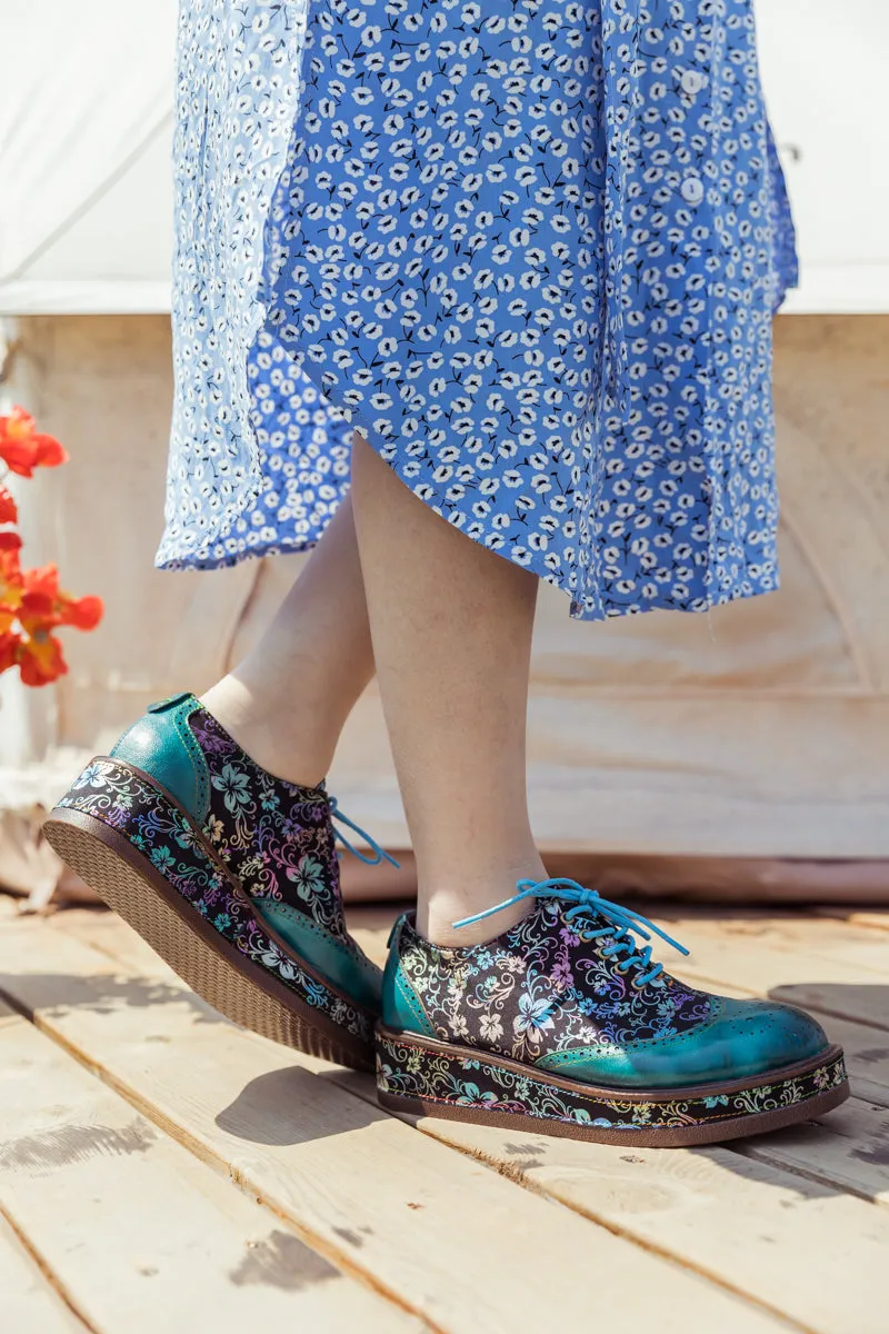 Teal Floral Leather Platform Oxford