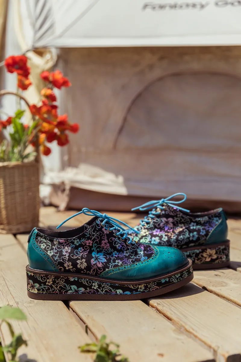 Teal Floral Leather Platform Oxford