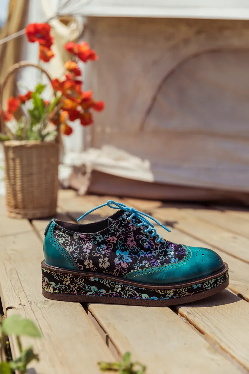 Teal Floral Leather Platform Oxford