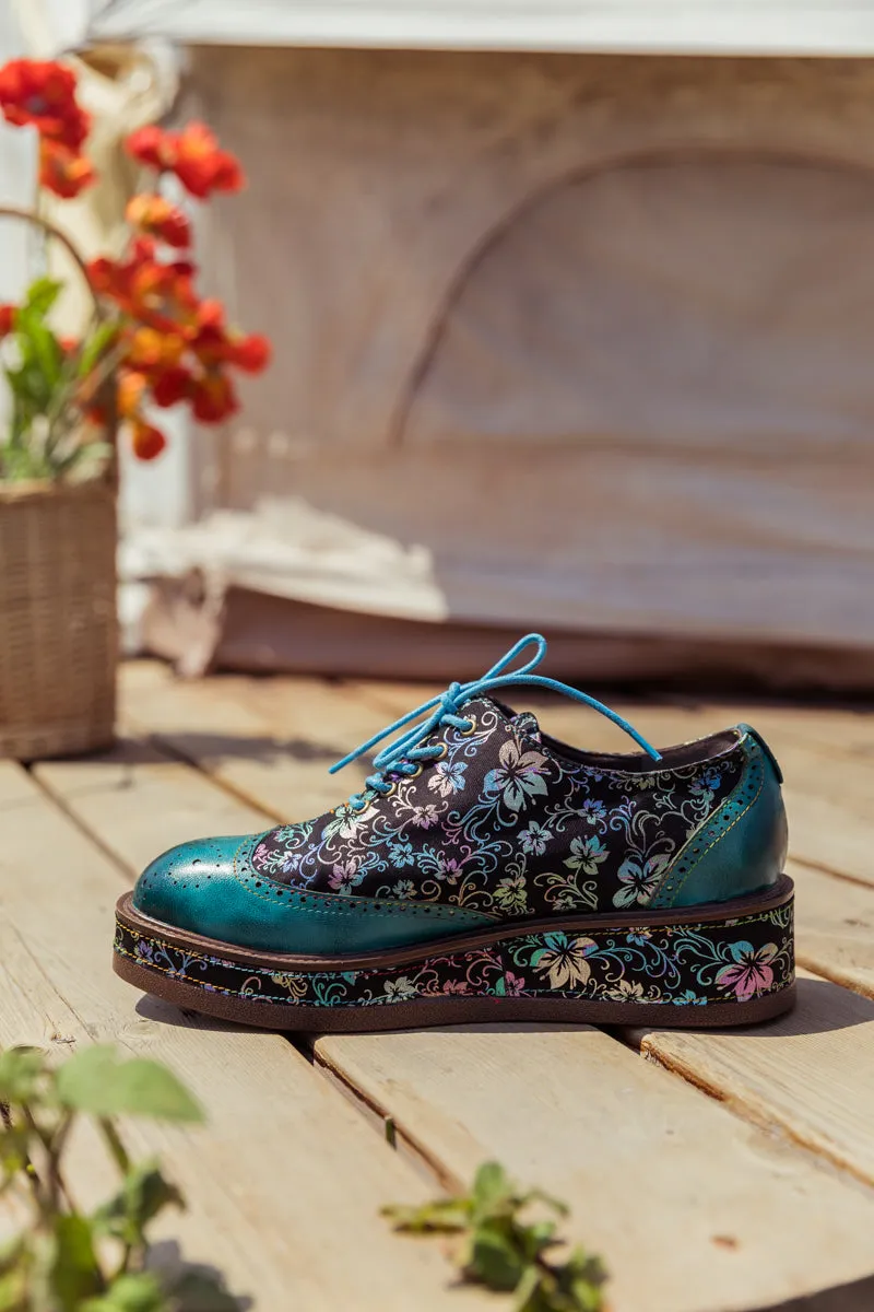 Teal Floral Leather Platform Oxford