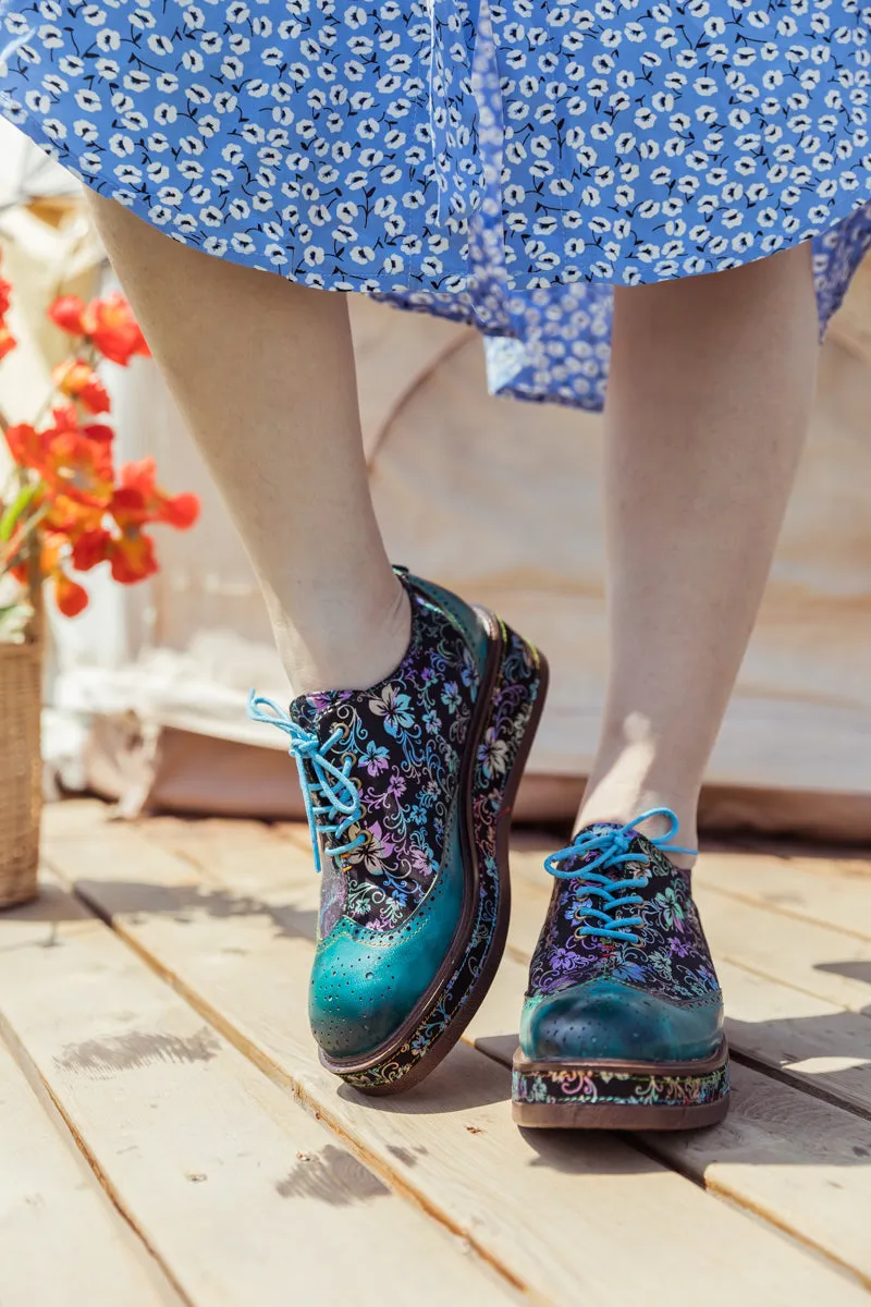 Teal Floral Leather Platform Oxford