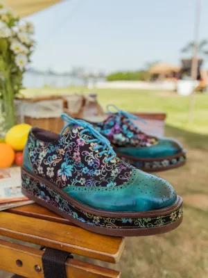 Teal Floral Leather Platform Oxford