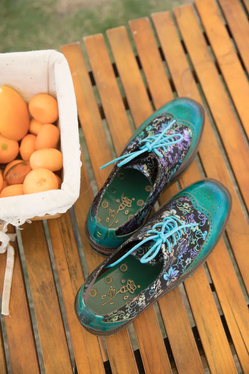 Teal Floral Leather Platform Oxford