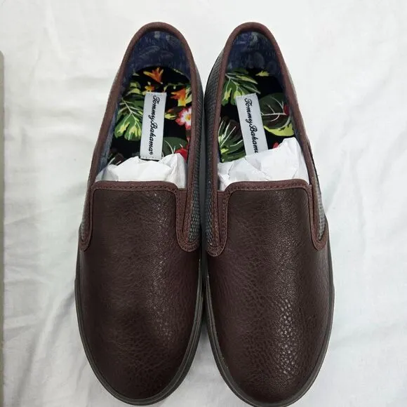 Tommy Bahama Mens 9 Brown Leather Gray Printed Pacific Ridge Slip On Loafer