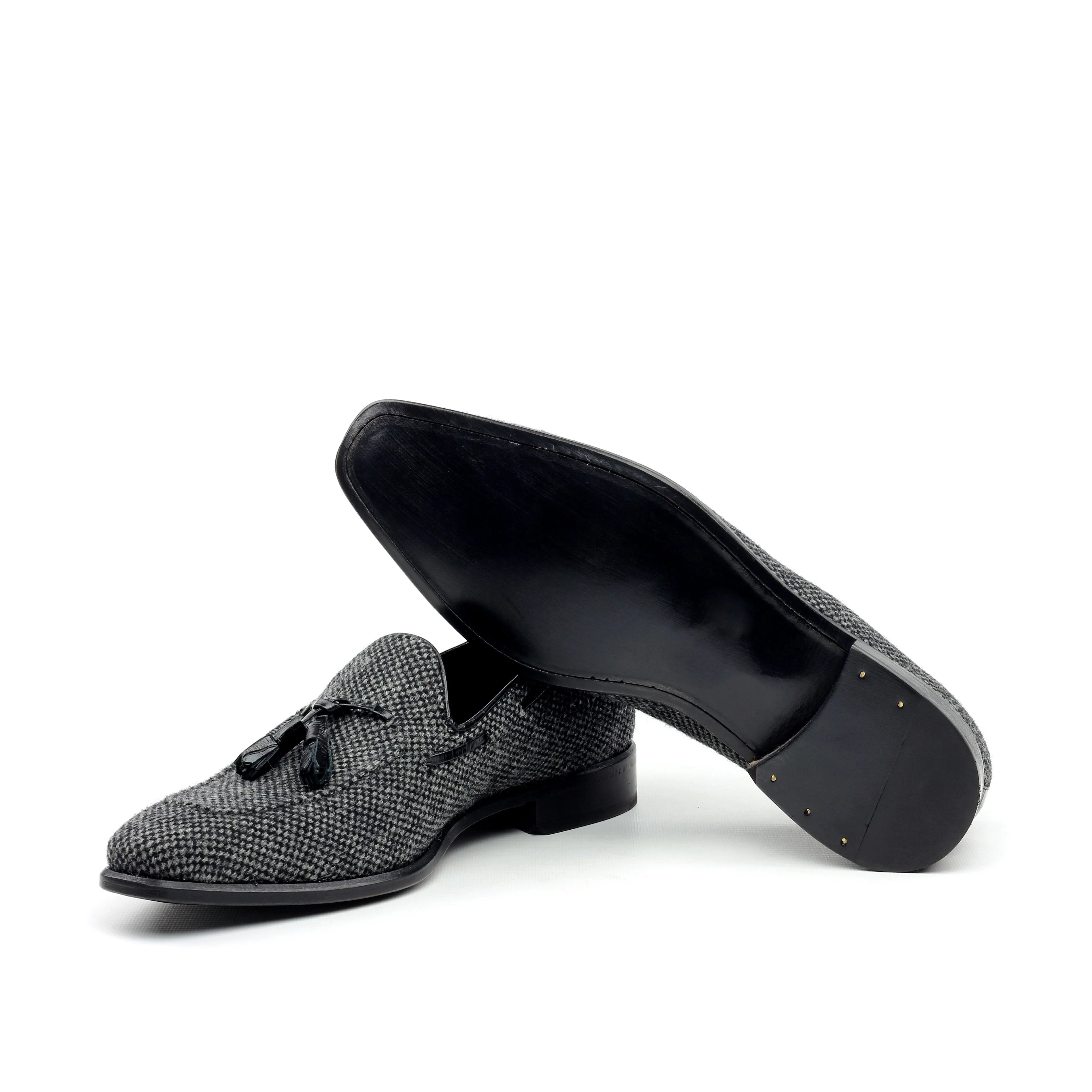 Unique Handcrafted Flannel Dark Grey Slip on Loafer w/ Tassles