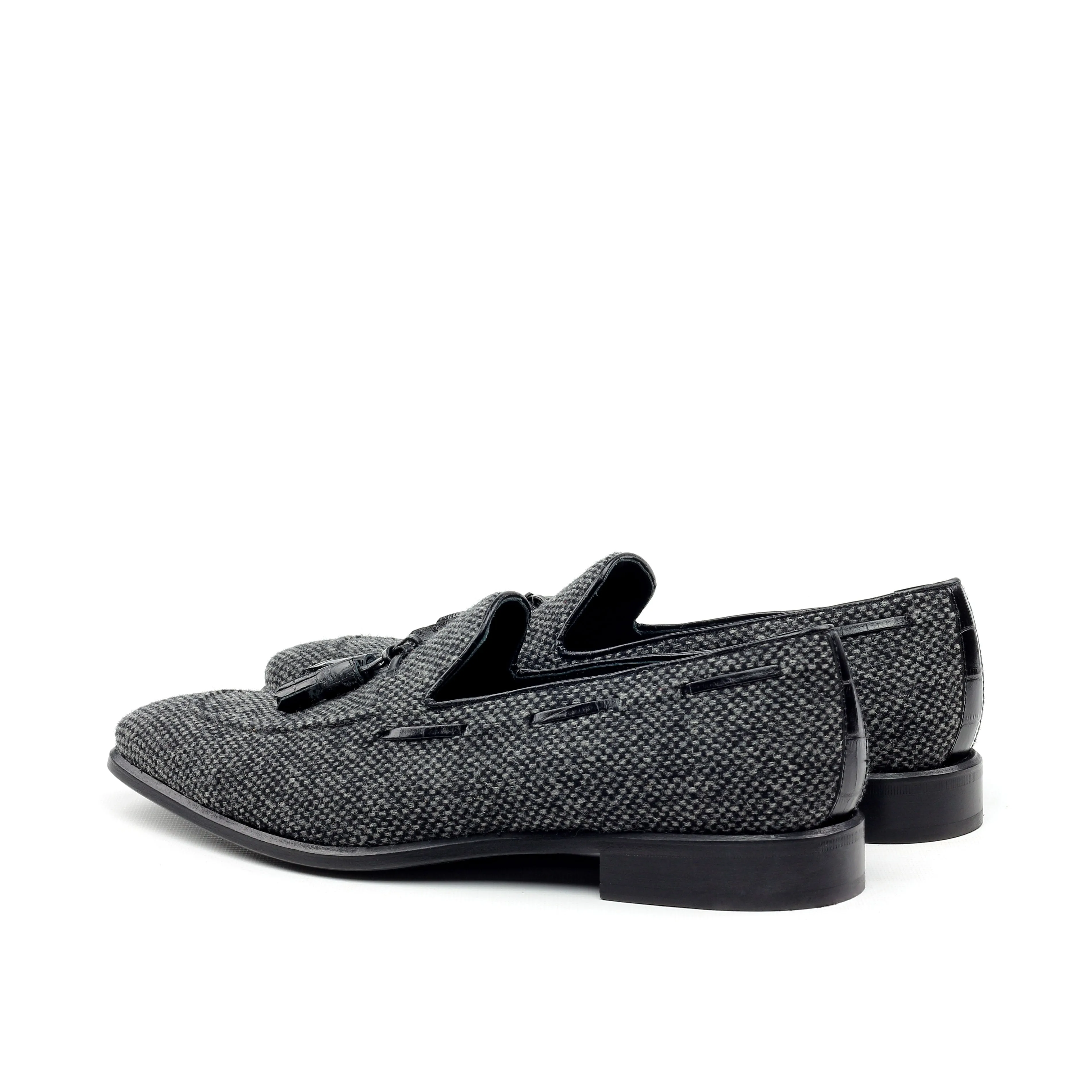 Unique Handcrafted Flannel Dark Grey Slip on Loafer w/ Tassles