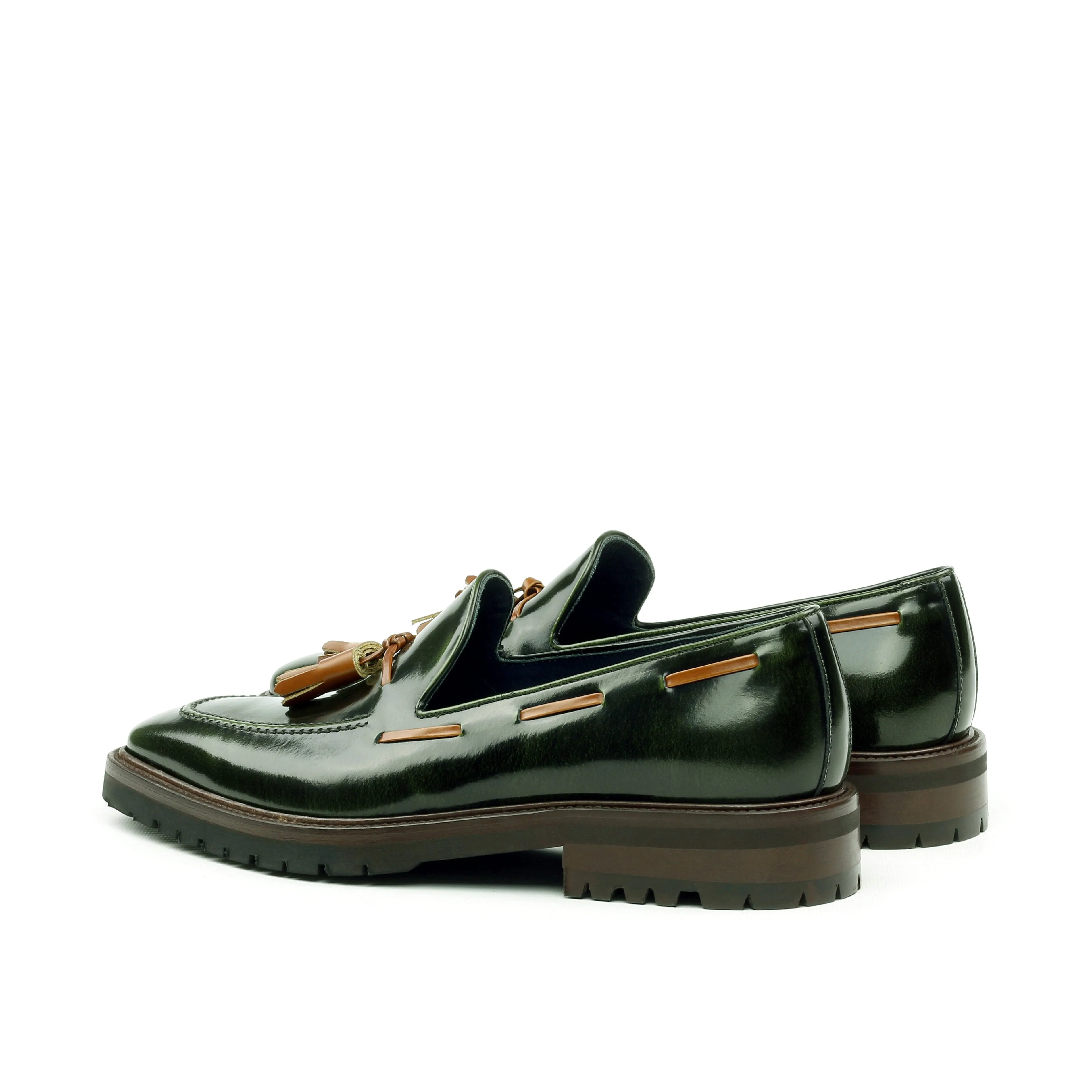 Unique Handcrafted Green Polish Calf Laceless Loafer w/ Tassles