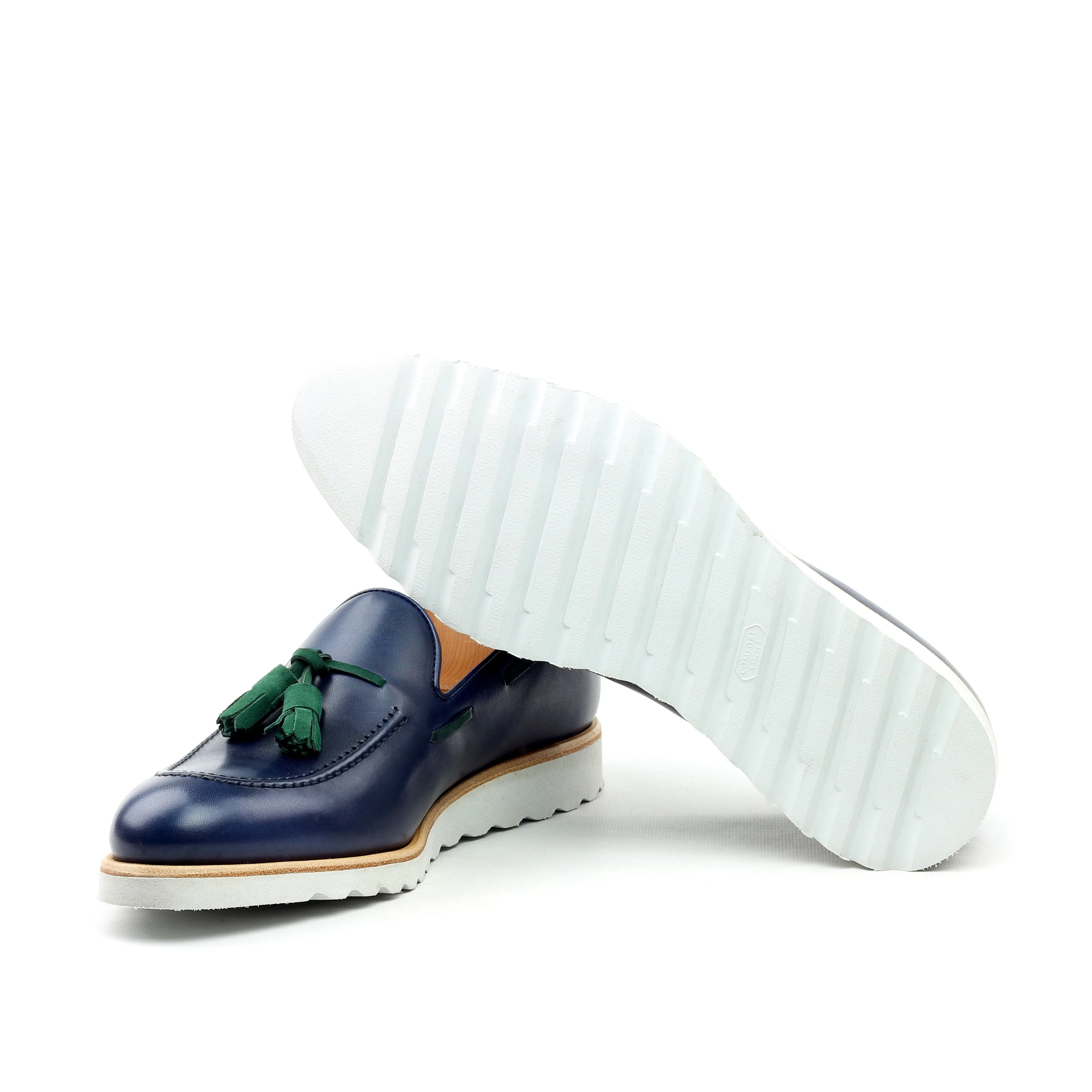 Unique Handcrafted Navy Blue Box Calf Loafer w/ Sport Wedge Sole