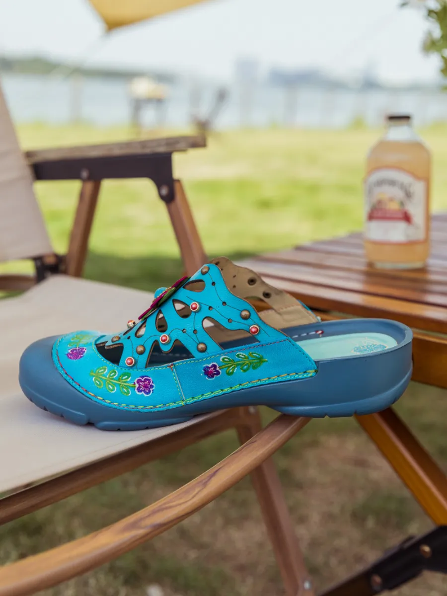 Vicconfy | Turquoise Floral-Applique Cutout Leather Sandal