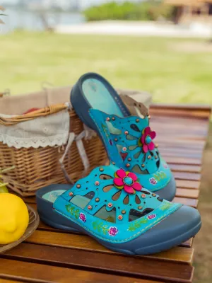 Vicconfy | Turquoise Floral-Applique Cutout Leather Sandal
