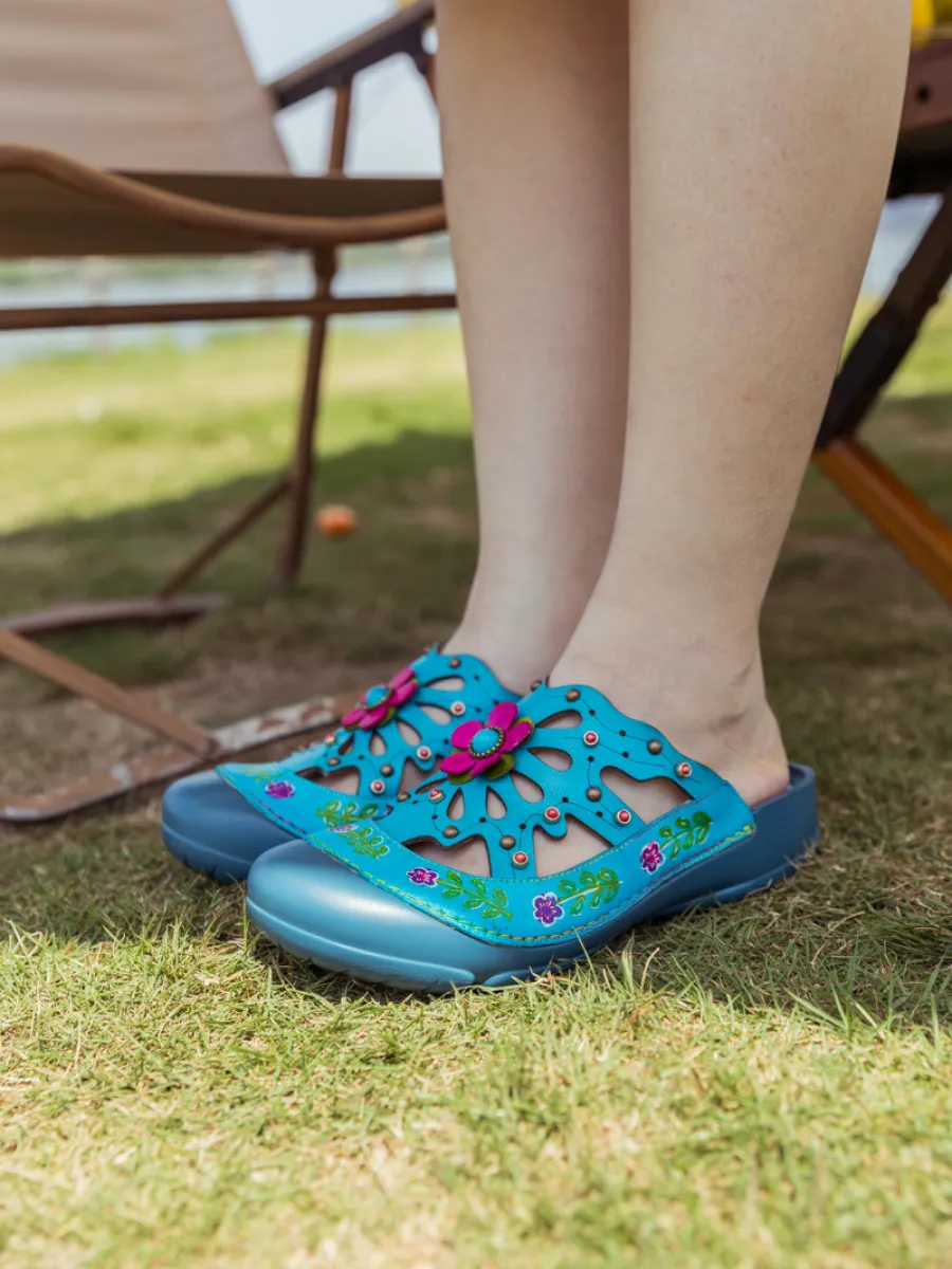 Vicconfy | Turquoise Floral-Applique Cutout Leather Sandal