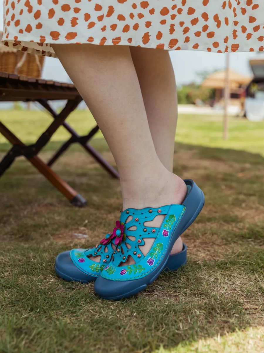 Vicconfy | Turquoise Floral-Applique Cutout Leather Sandal