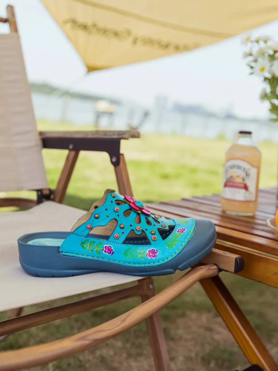 Vicconfy | Turquoise Floral-Applique Cutout Leather Sandal