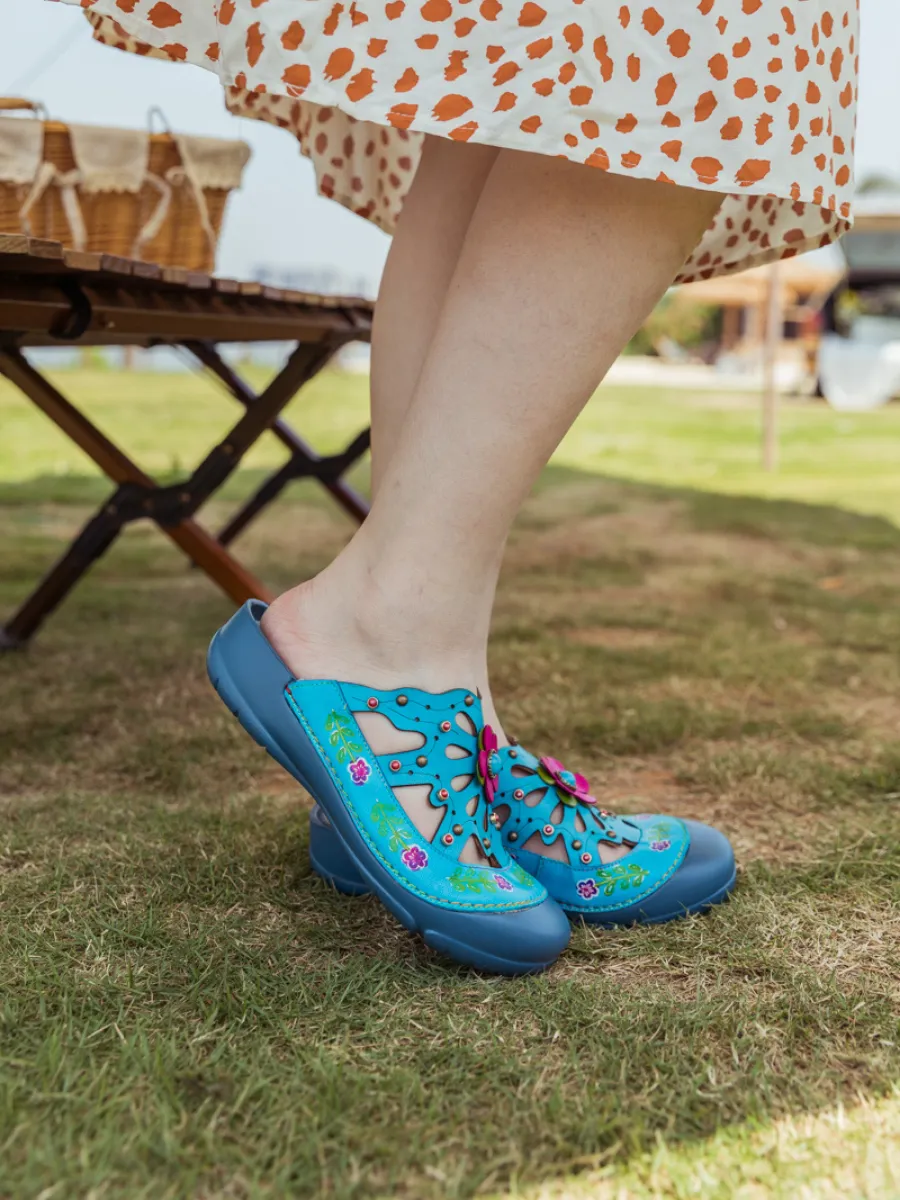 Vicconfy | Turquoise Floral-Applique Cutout Leather Sandal
