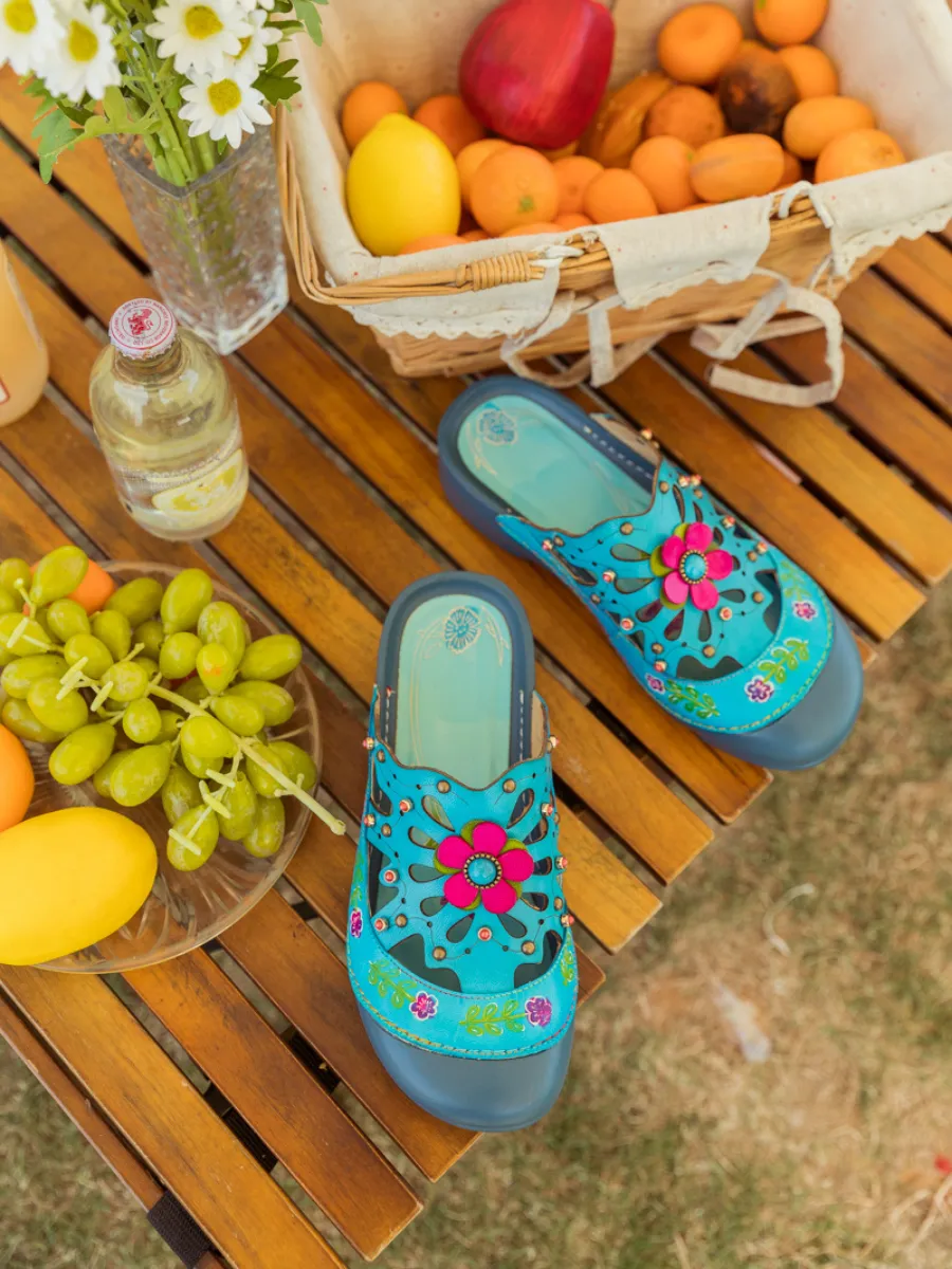 Vicconfy | Turquoise Floral-Applique Cutout Leather Sandal