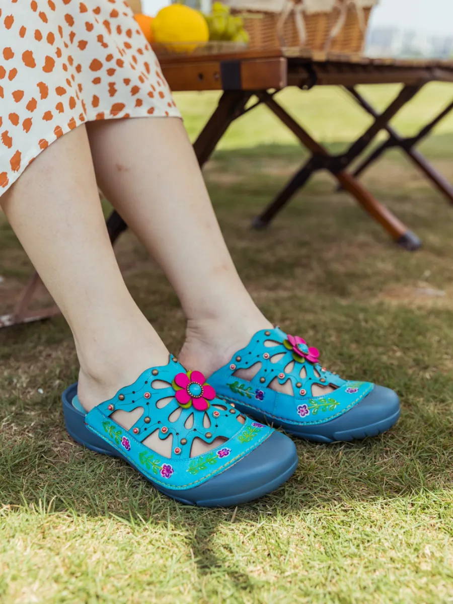 Vicconfy | Turquoise Floral-Applique Cutout Leather Sandal