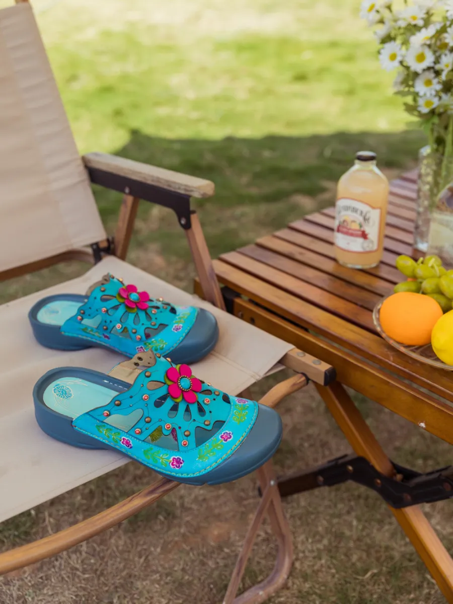 Vicconfy | Turquoise Floral-Applique Cutout Leather Sandal