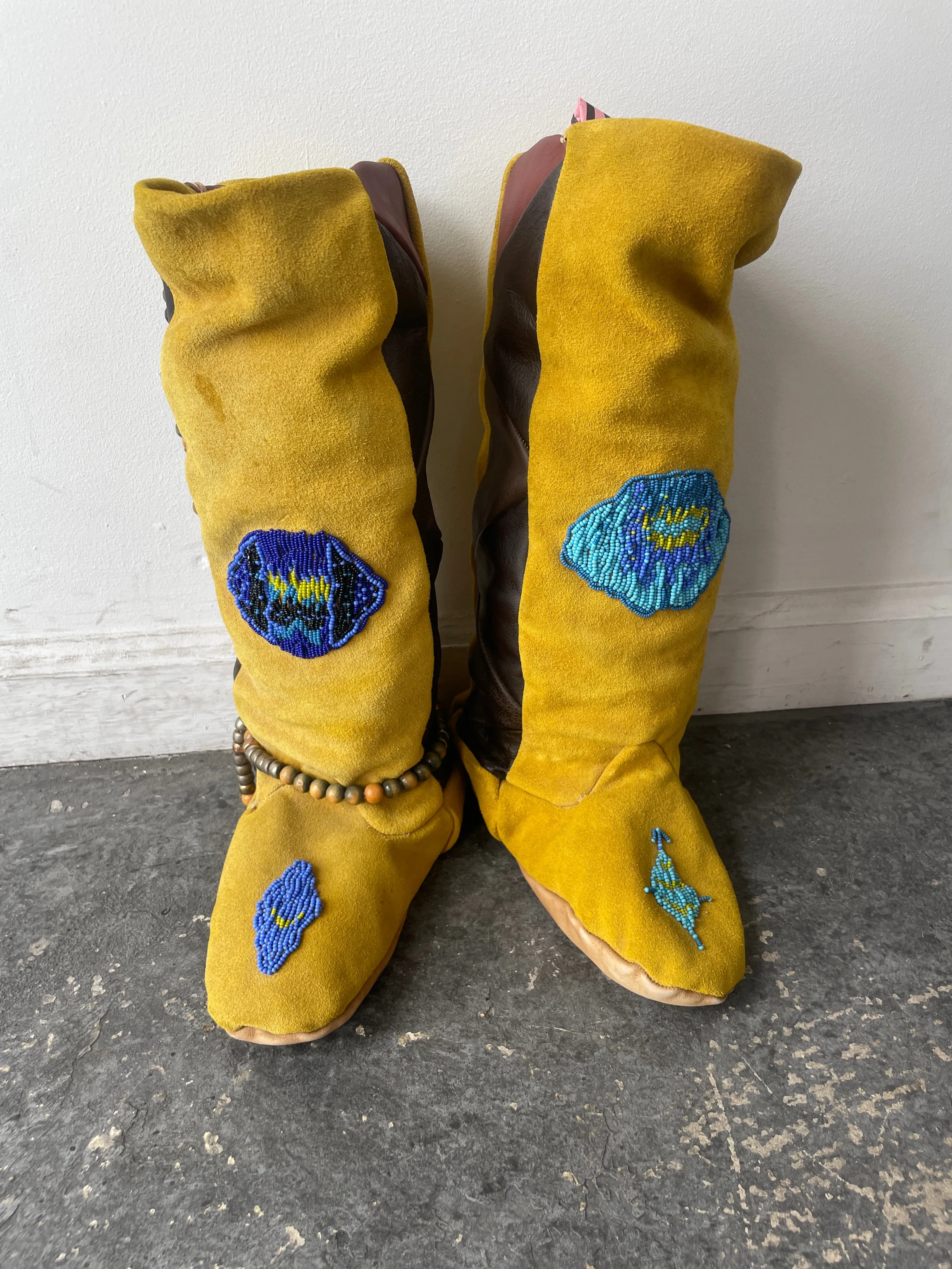 Vintage Yellow Suede Beaded Moccasin Boots