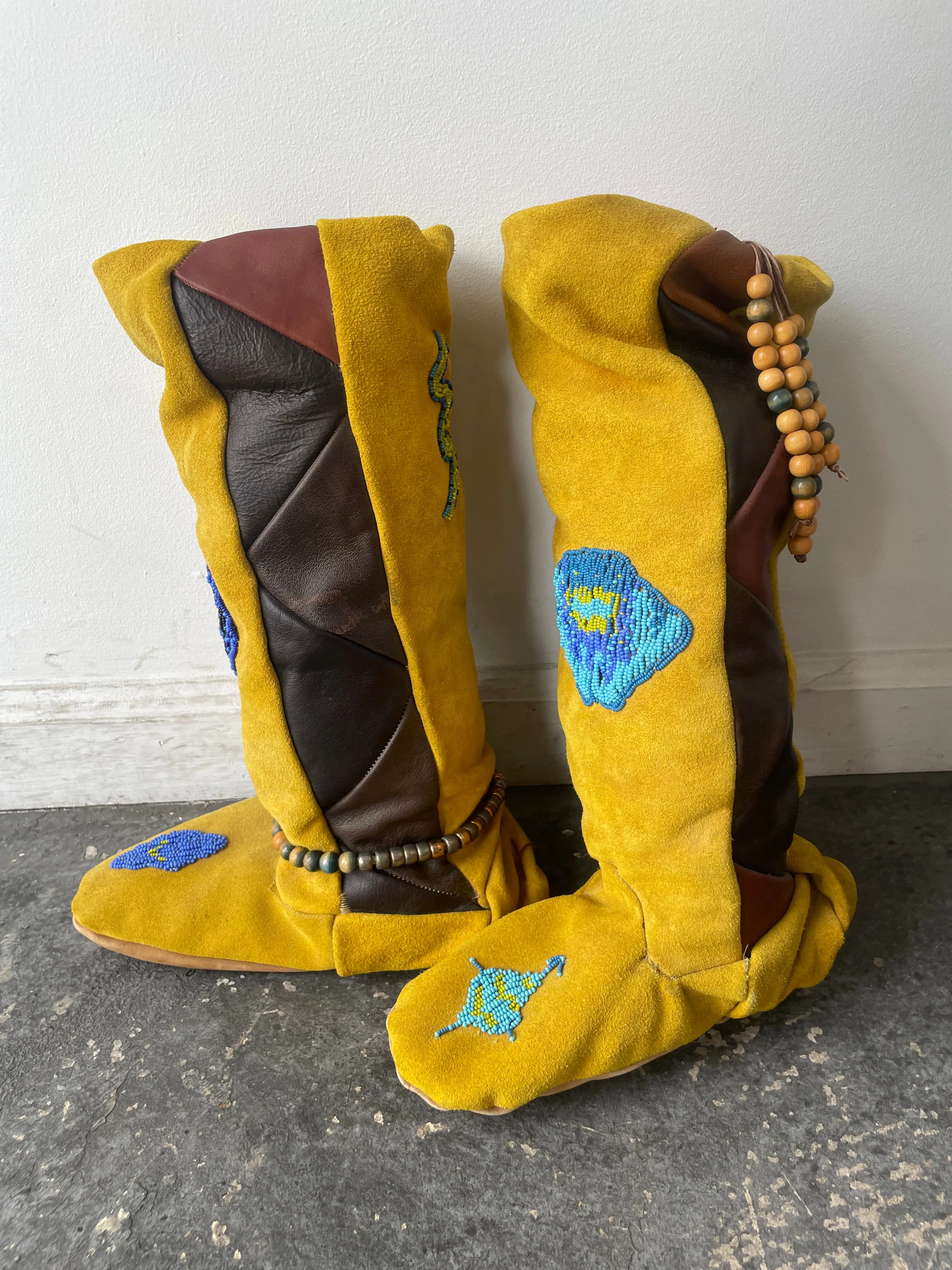 Vintage Yellow Suede Beaded Moccasin Boots