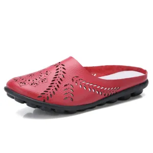 Women's Genuine Leather Hollow Slip On Backless Loafers for Summer