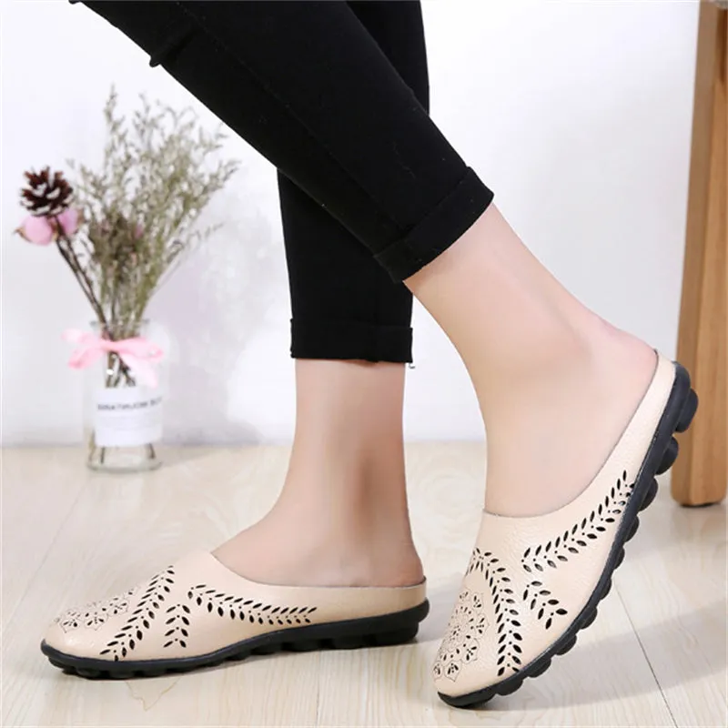 Women's Genuine Leather Hollow Slip On Backless Loafers for Summer