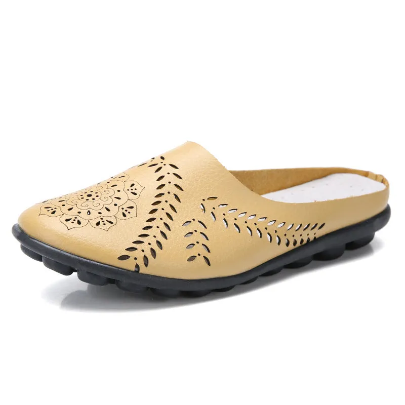 Women's Genuine Leather Hollow Slip On Backless Loafers for Summer