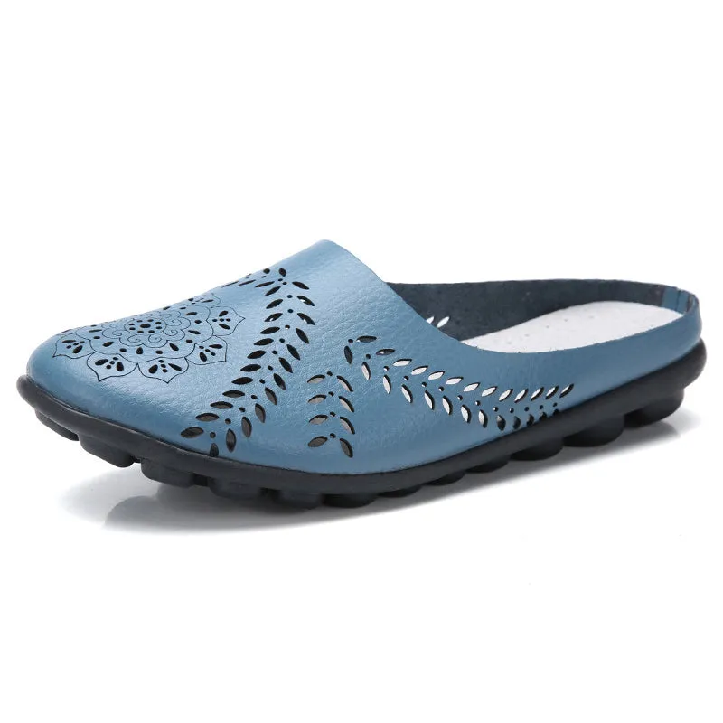 Women's Genuine Leather Hollow Slip On Backless Loafers for Summer