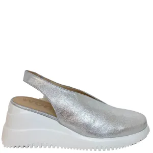 Wonders Silver Leather Sling Back Wedge Shoes