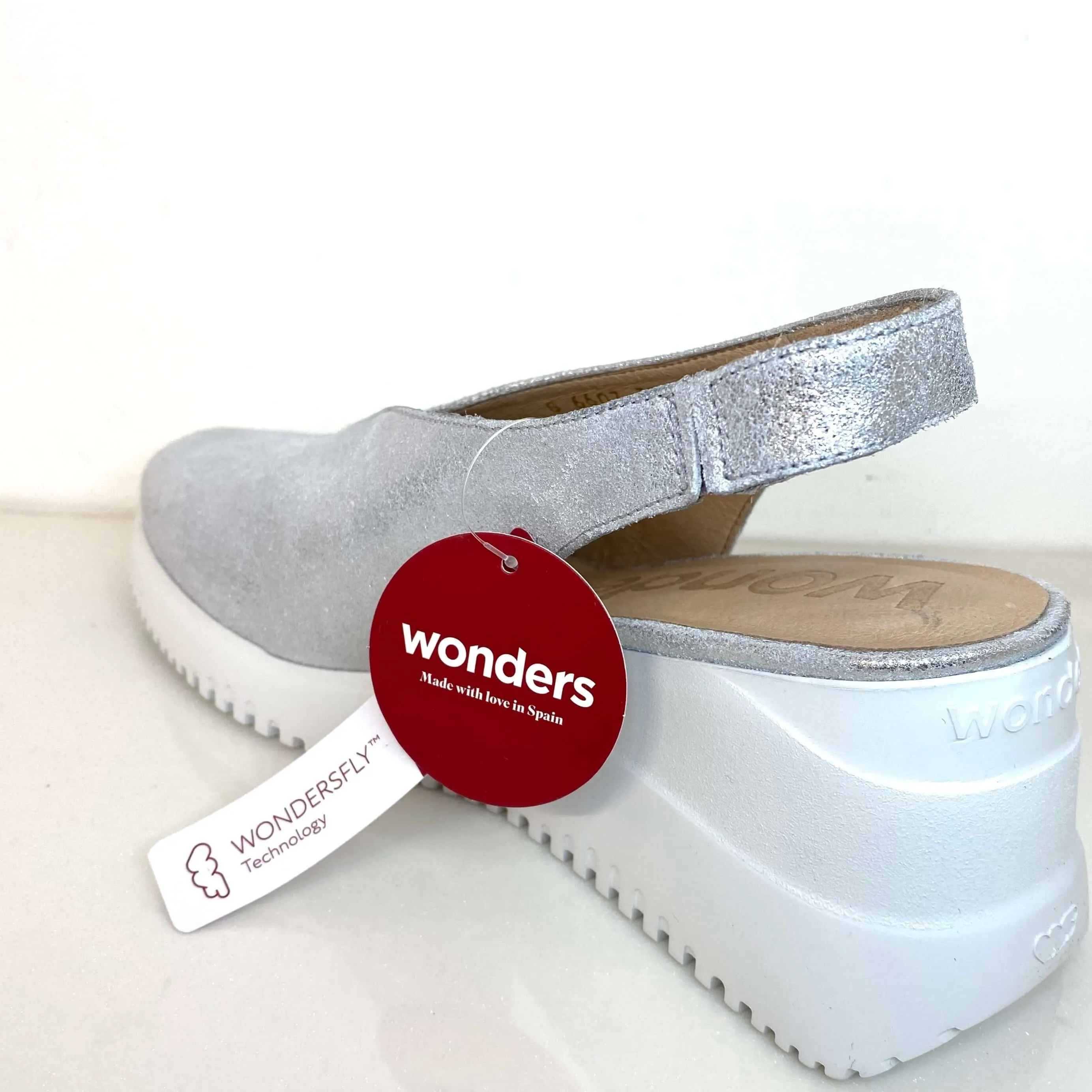 Wonders Silver Leather Sling Back Wedge Shoes