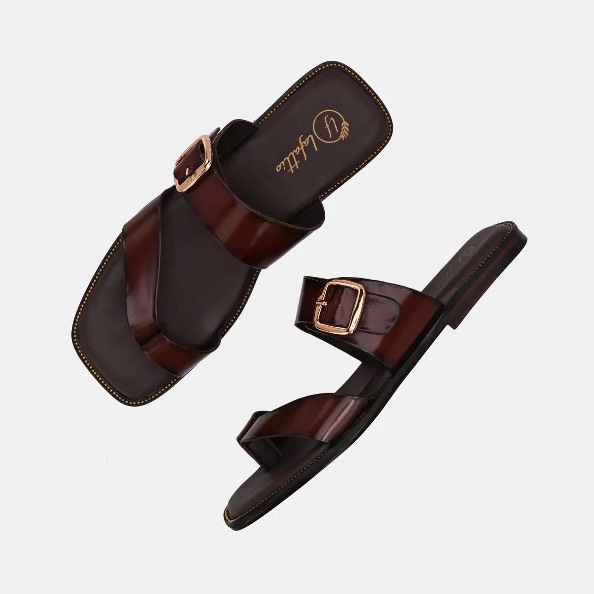Zorah Brown Buckled Leather Slippers