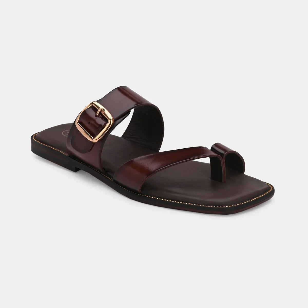 Zorah Brown Buckled Leather Slippers