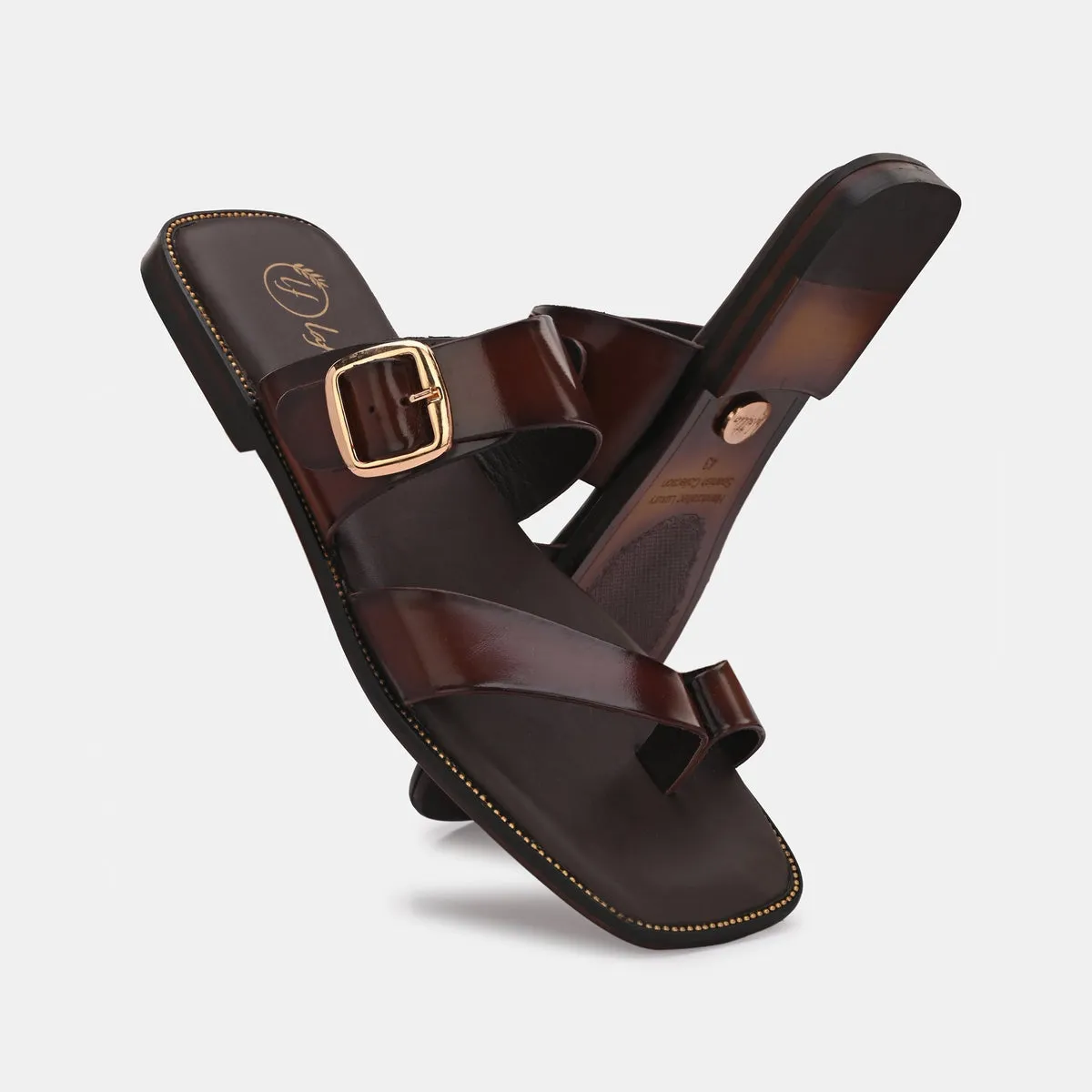 Zorah Brown Buckled Leather Slippers