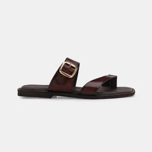 Zorah Brown Buckled Leather Slippers
